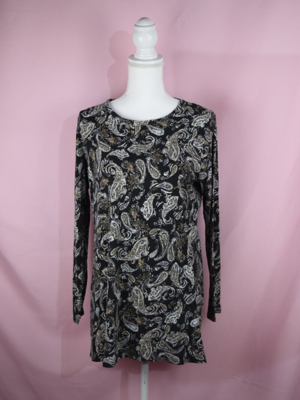 J. Jill Black & Tan Paisley Long Sleeve Knit Tunic Top | Size M